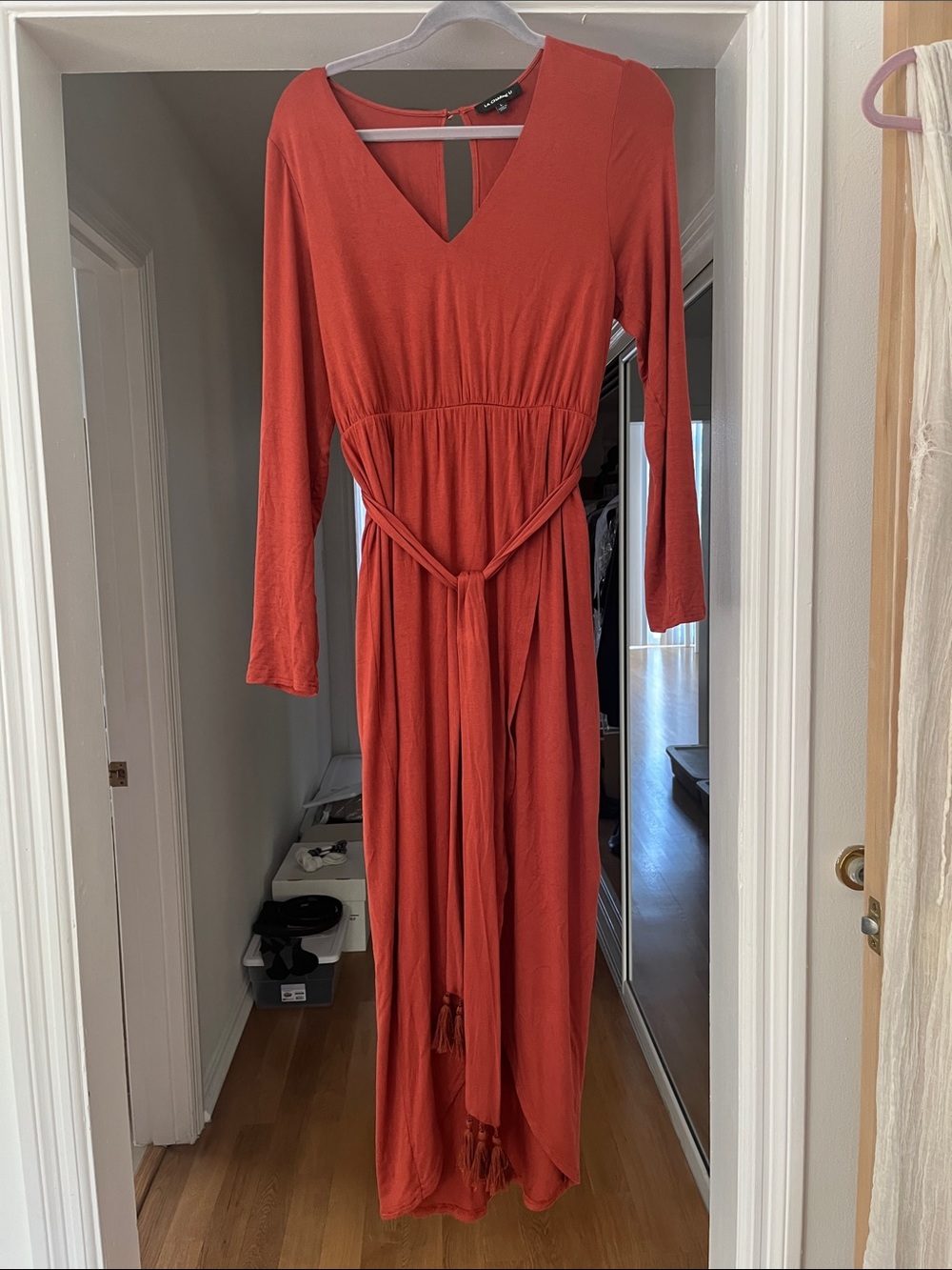 Women's Long Sleeve V-Neck Maxi Dress in Rust